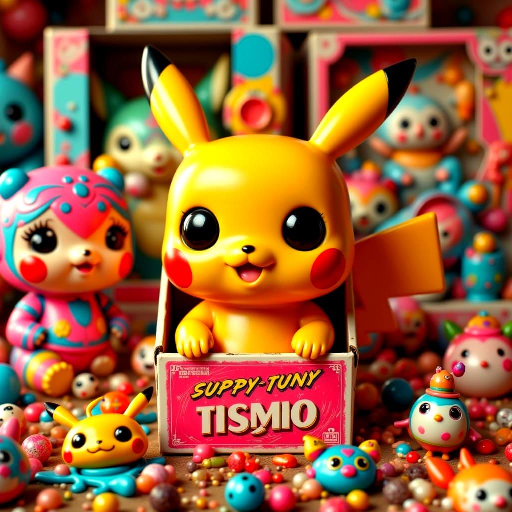 Hyperrealistic Pin-Up Pikachu Figure in Vintage Cyberpunk Bo...