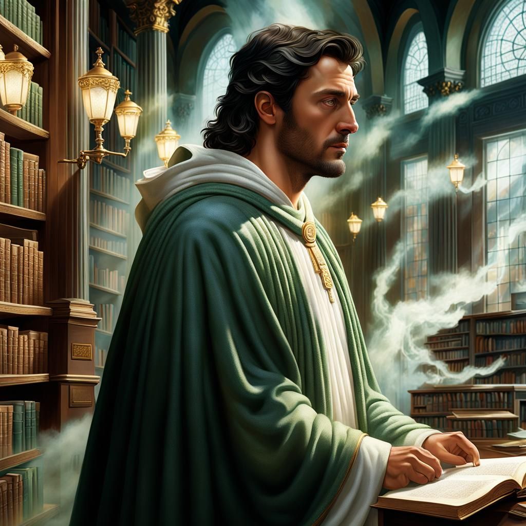 Man in Alexandria Library: Photorealistic Ethereal Fantasy