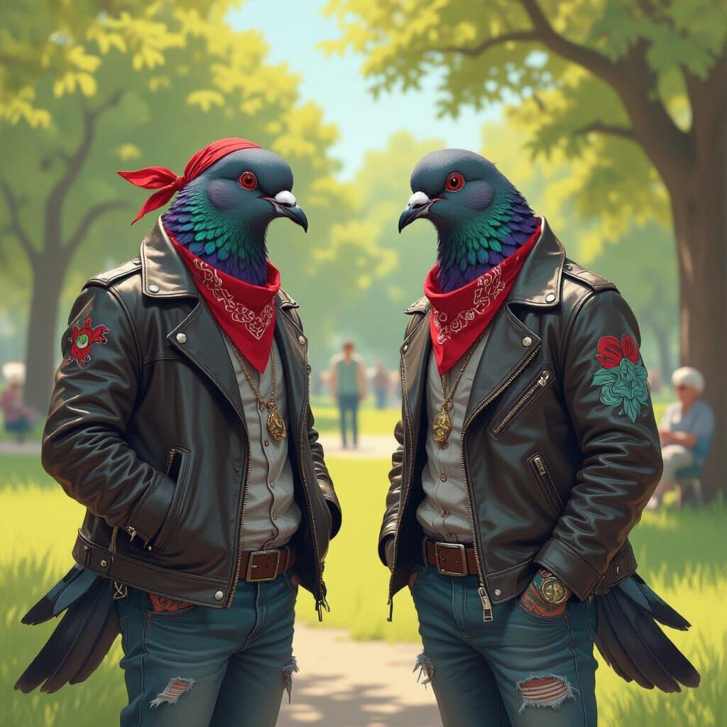 Anthropomorphic Pigeon Gang Harassing Elderly in Park