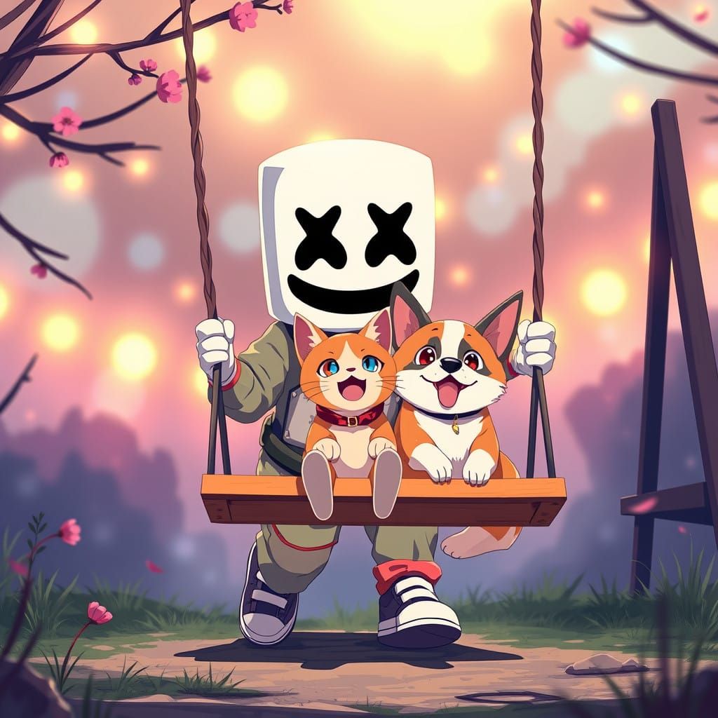 Joyful Friends on a Whimsical Swing in Vibrant Anime Style