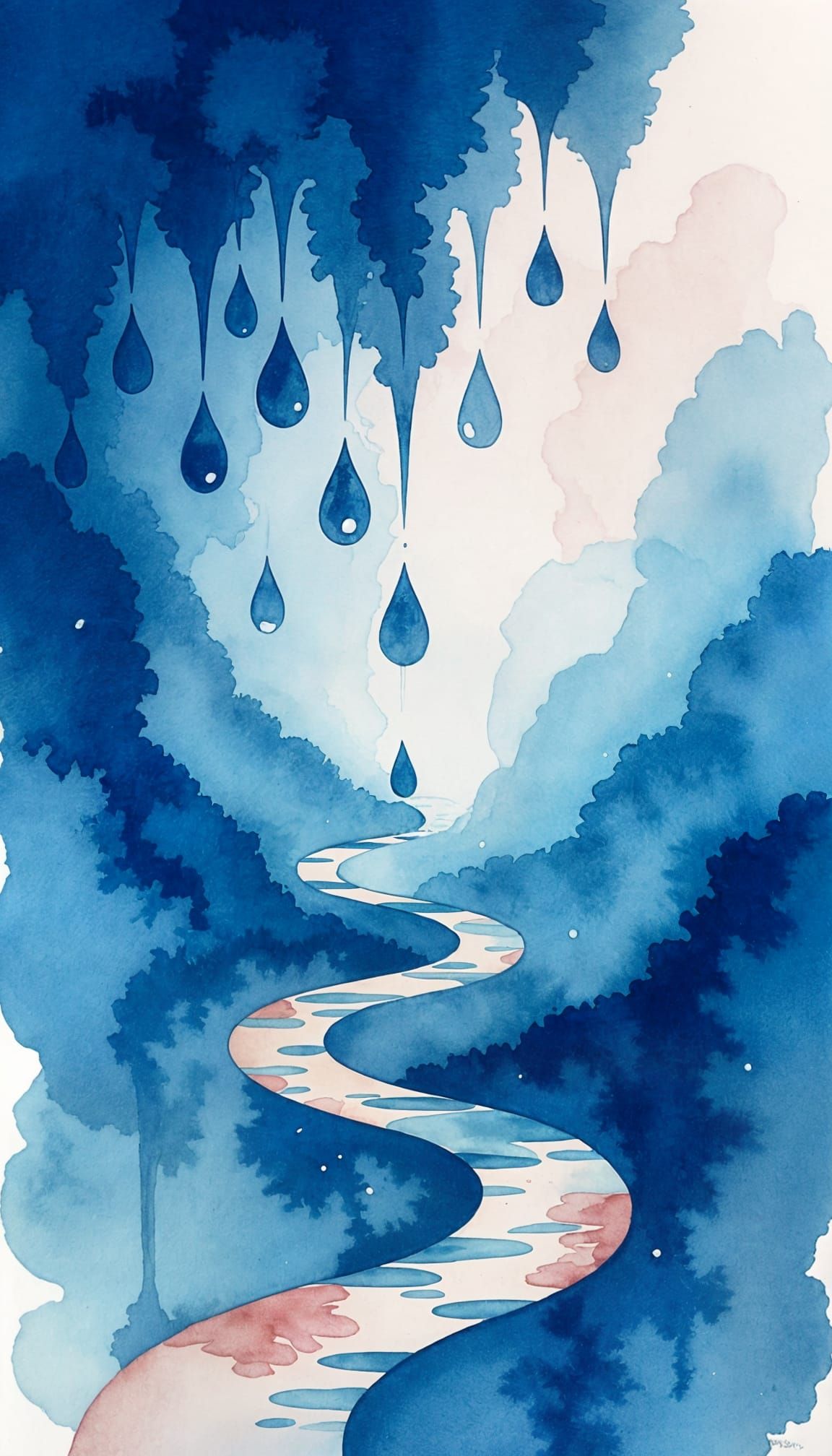 Emotional Watercolor of Indigo Teardrops Forming Path