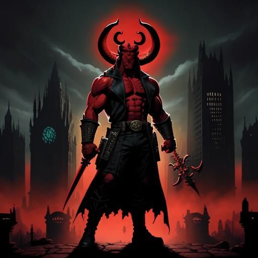 Triumphant Hellboy in Gothic Cityscape, Mark Brooks Style