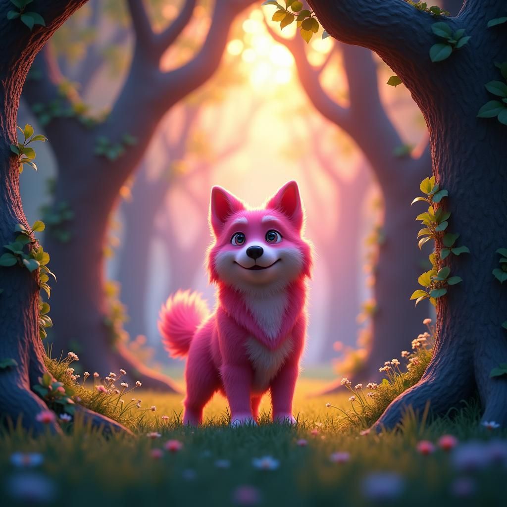 Pink Dog in Enchanted Forest: 3D Digital Art