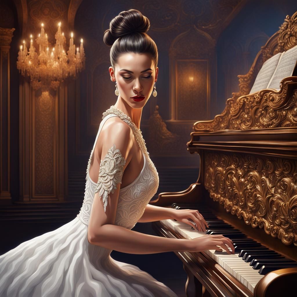 Hyperrealistic Woman Plays Piano in Ornate Theater