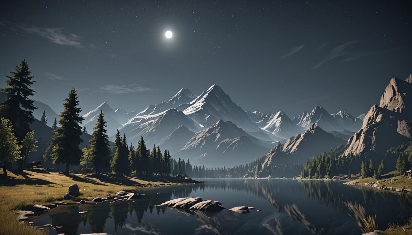 Midnight Lake Landscape with Mountain and Moon