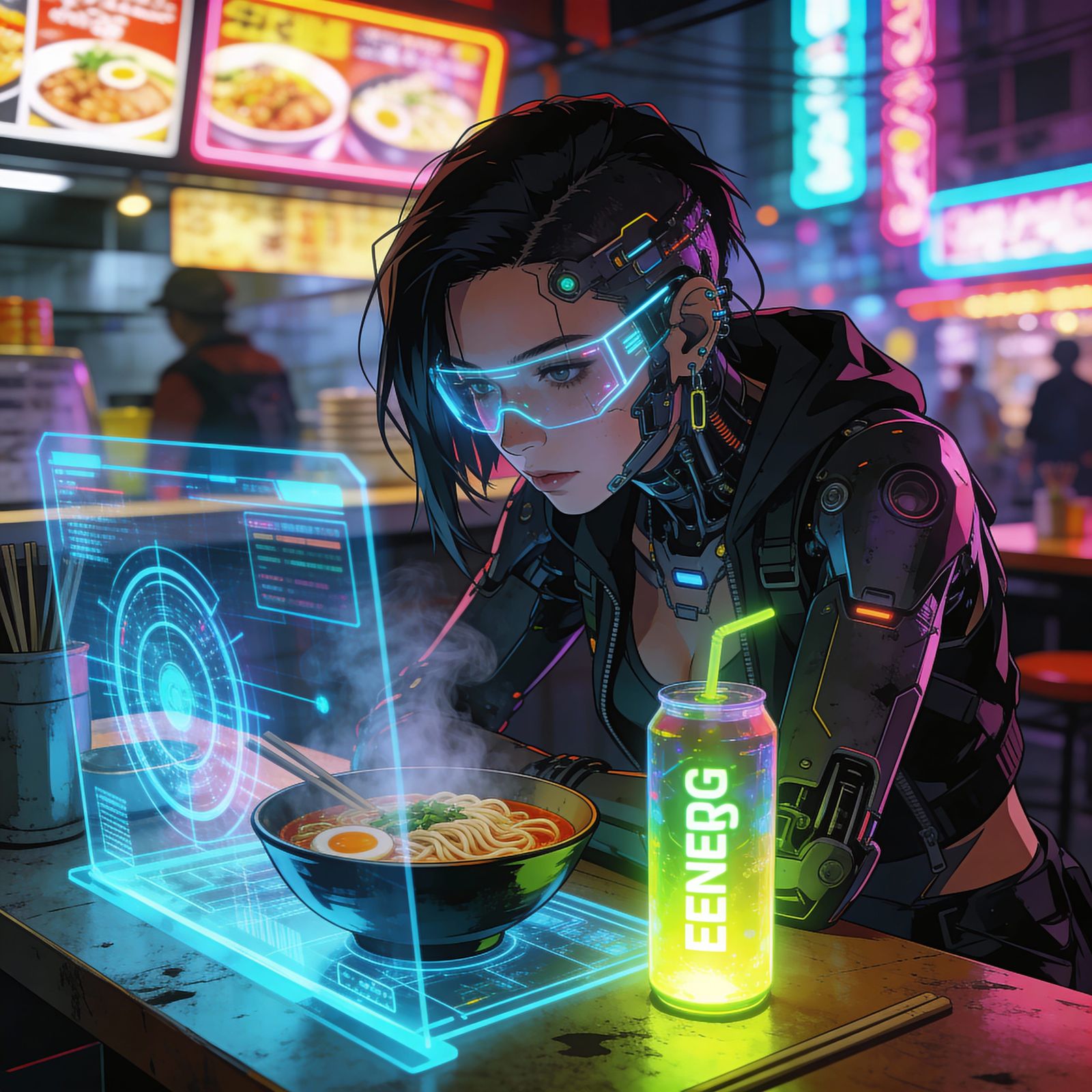 Cyberpunk Woman with AR Implants in Neon Noodle Bar