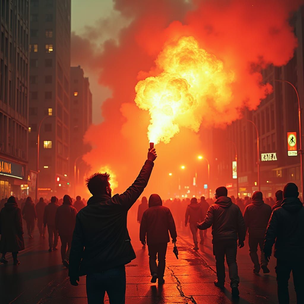 Dystopian Riot Scene with Molotov Cocktail