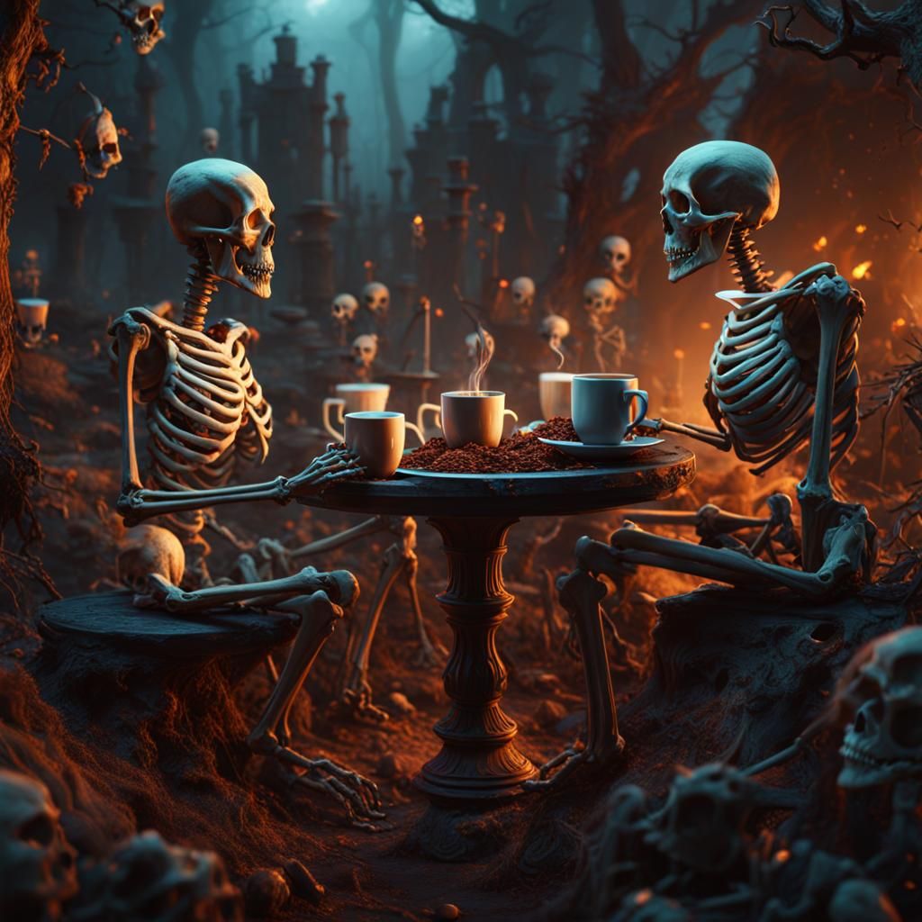 Skeletons Enjoying Coffee: Detailed Matte Painting