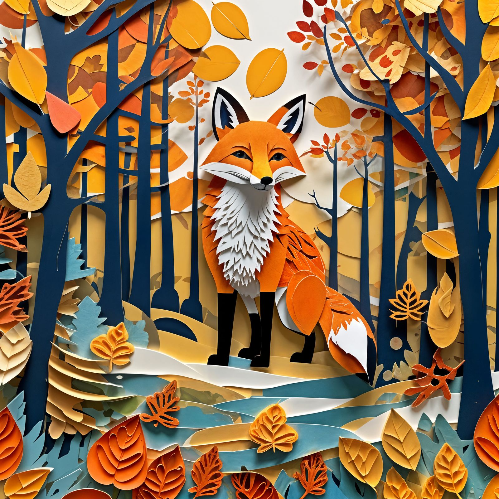 Autumn Fox Paper Collage Art
