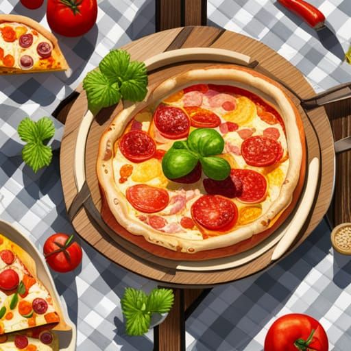 Pizza Slice on Picnic Table in Watercolor Style