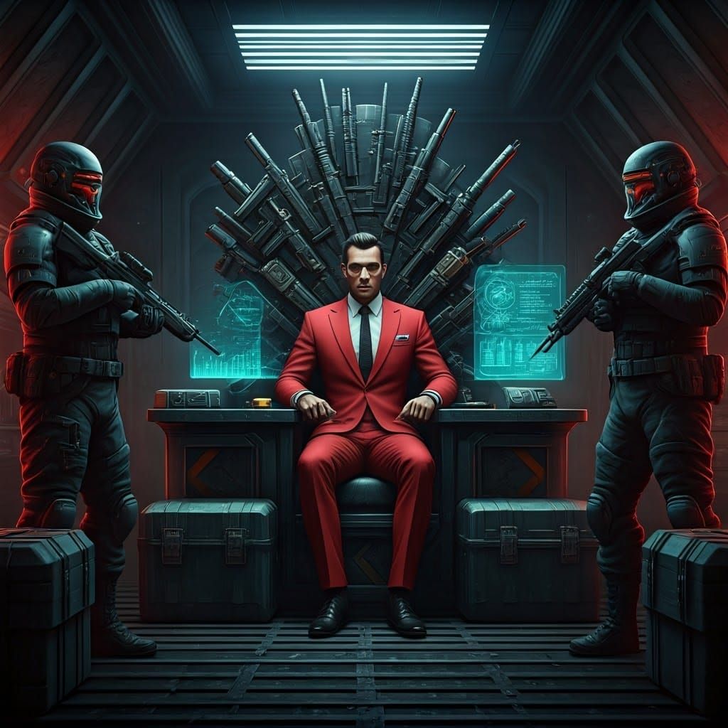 Cyberpunk Crime Lord on Throne of Weapons