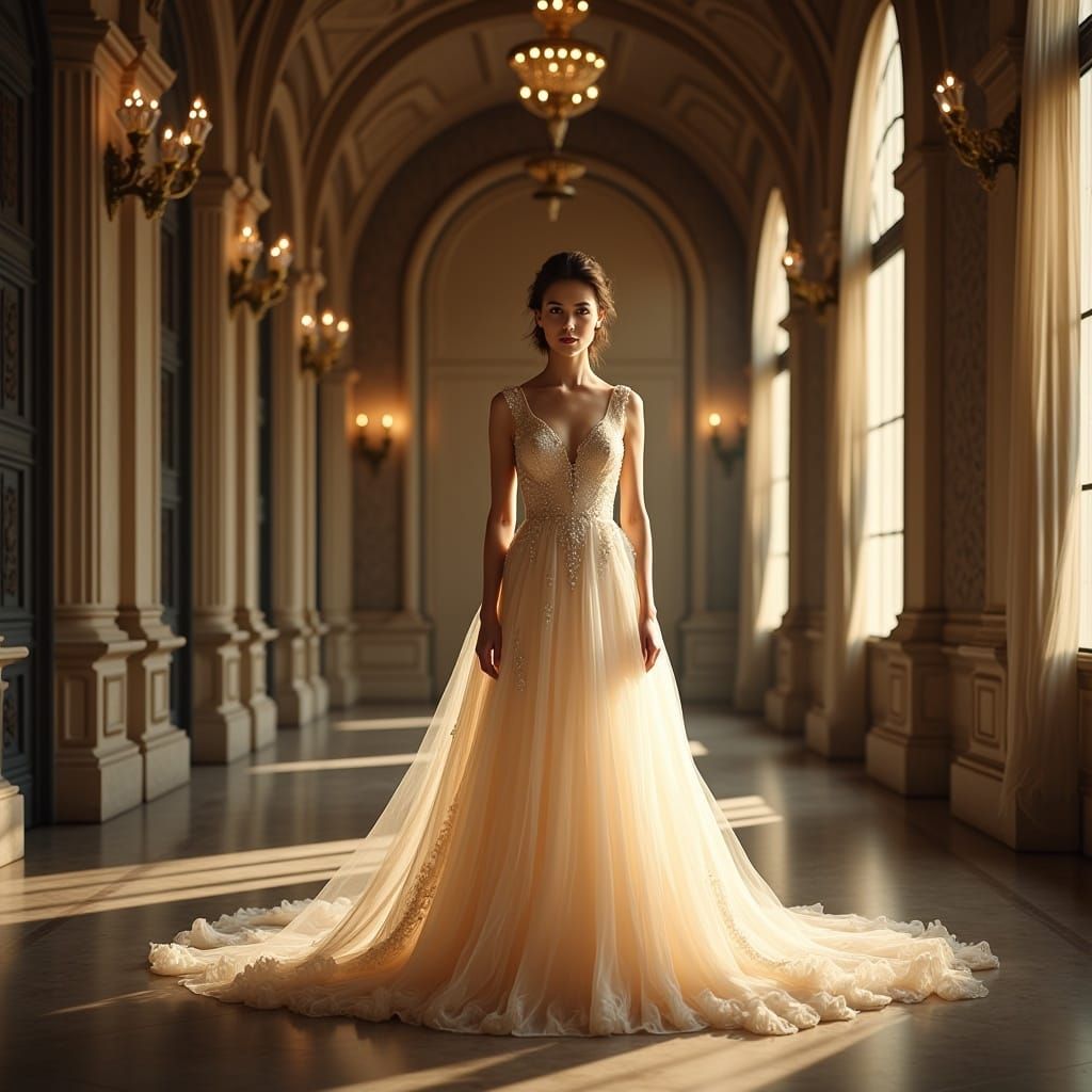 Girl in Neoclassical Hall with Neon Flowers