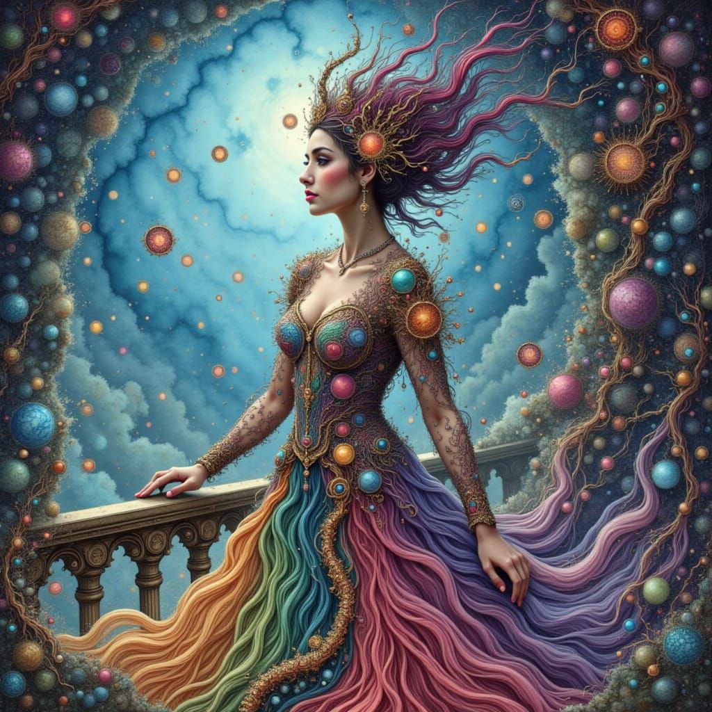 Regal Queen on Balcony Overlooking Surreal City