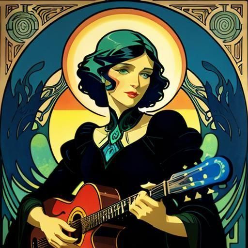 Art Deco Woman Playing Guitar at Sunset, Double Exposure