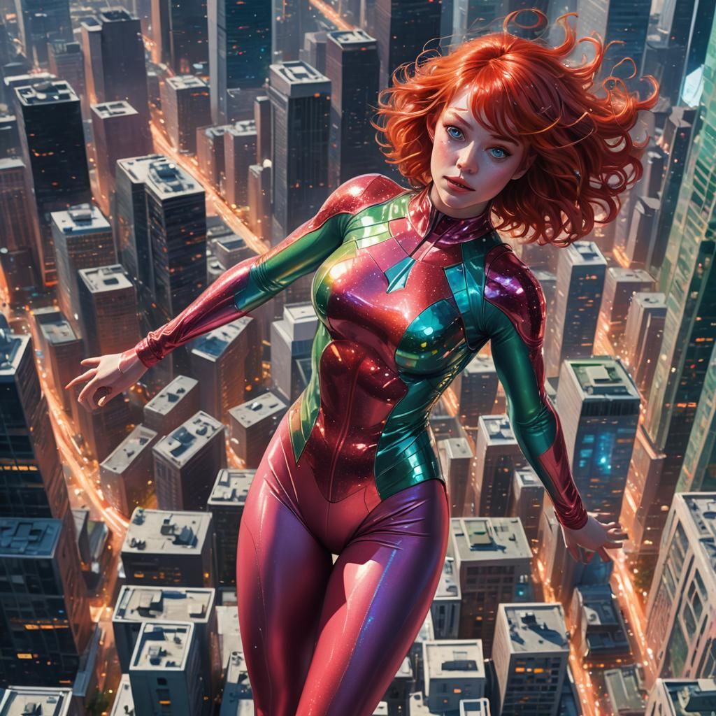 Astral Woman Arriving in City, Holographic Illustration