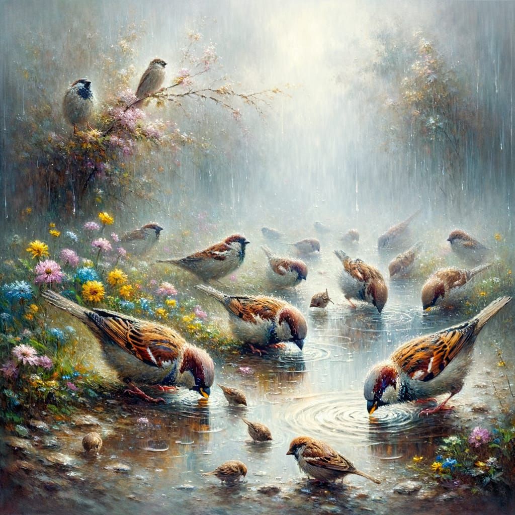 Oil painting of sparrows