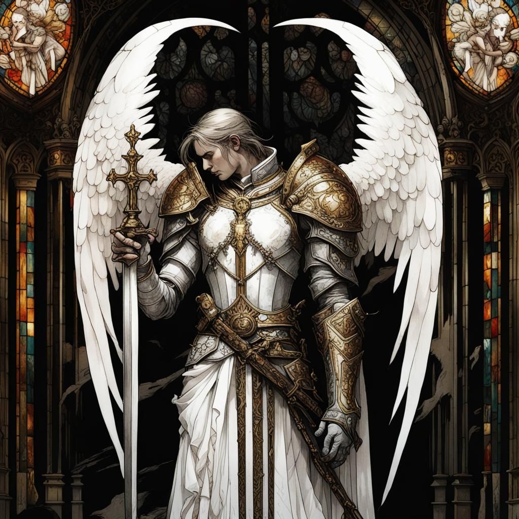 Gothic Angel Knight in Stained Glass Style