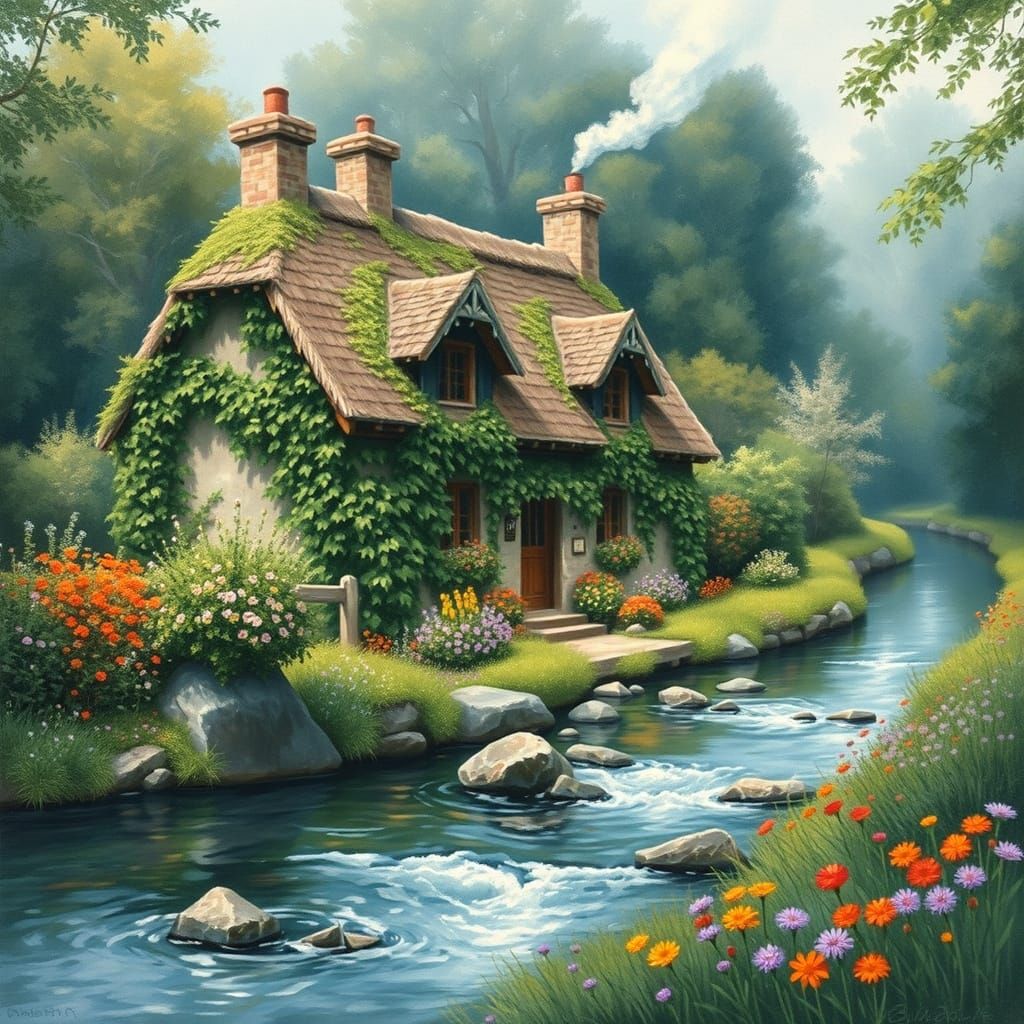 Idyllic Cottage Landscape with Impressionist Style