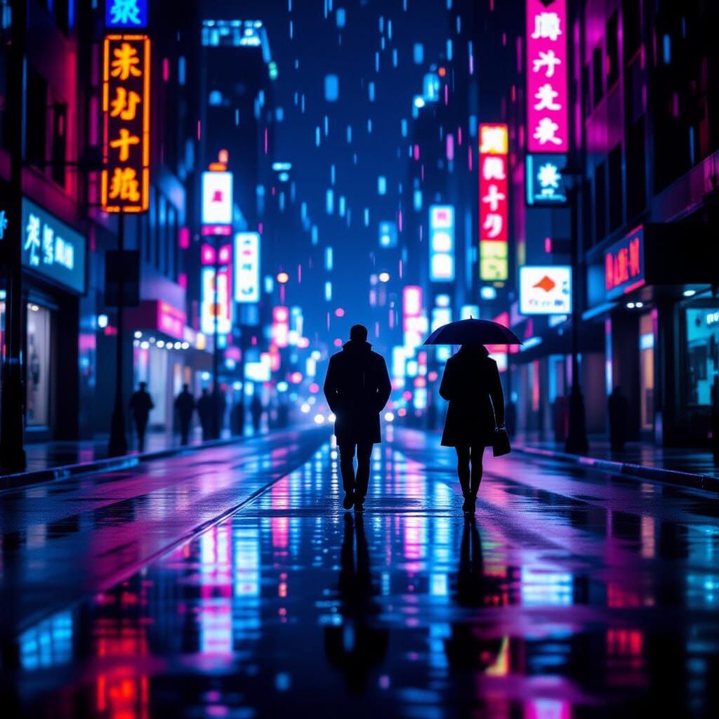 Rainy Night City Street Cinematic Shot with Neon Reflections