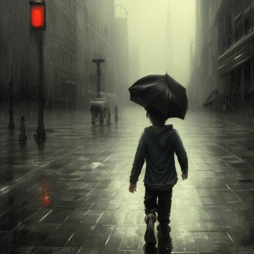 Lost Boy in Rainy Cityscape at Night