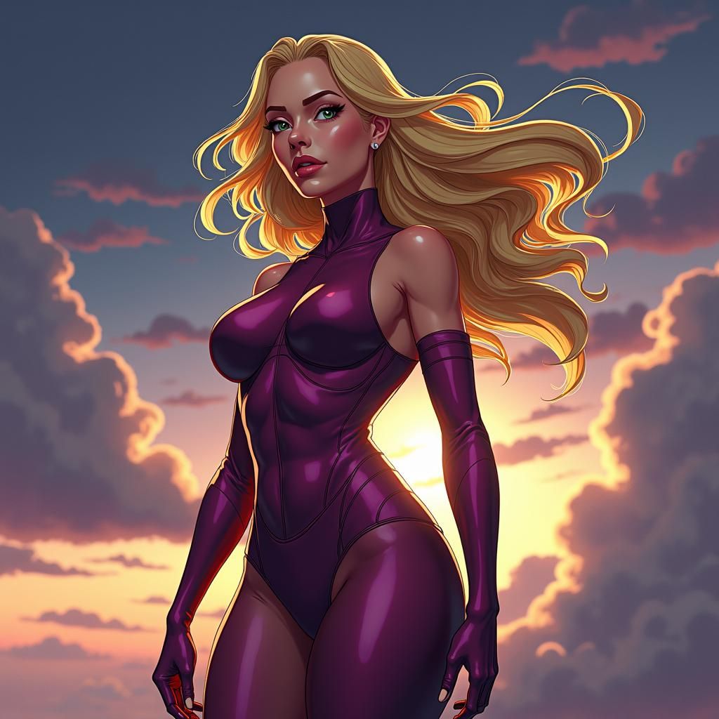 Anime Superheroine with Dramatic Sky, Art Nouveau Style