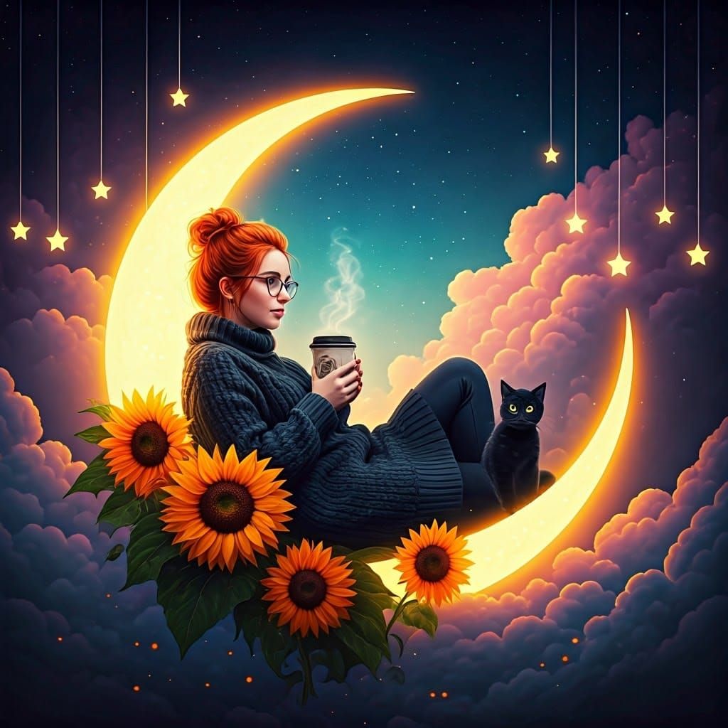 Relaxing on Crescent Moon with Coffee, Halloween Fantasy