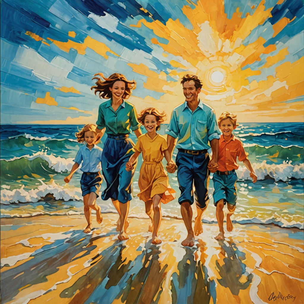 Joyful Family Runs into the Ocean