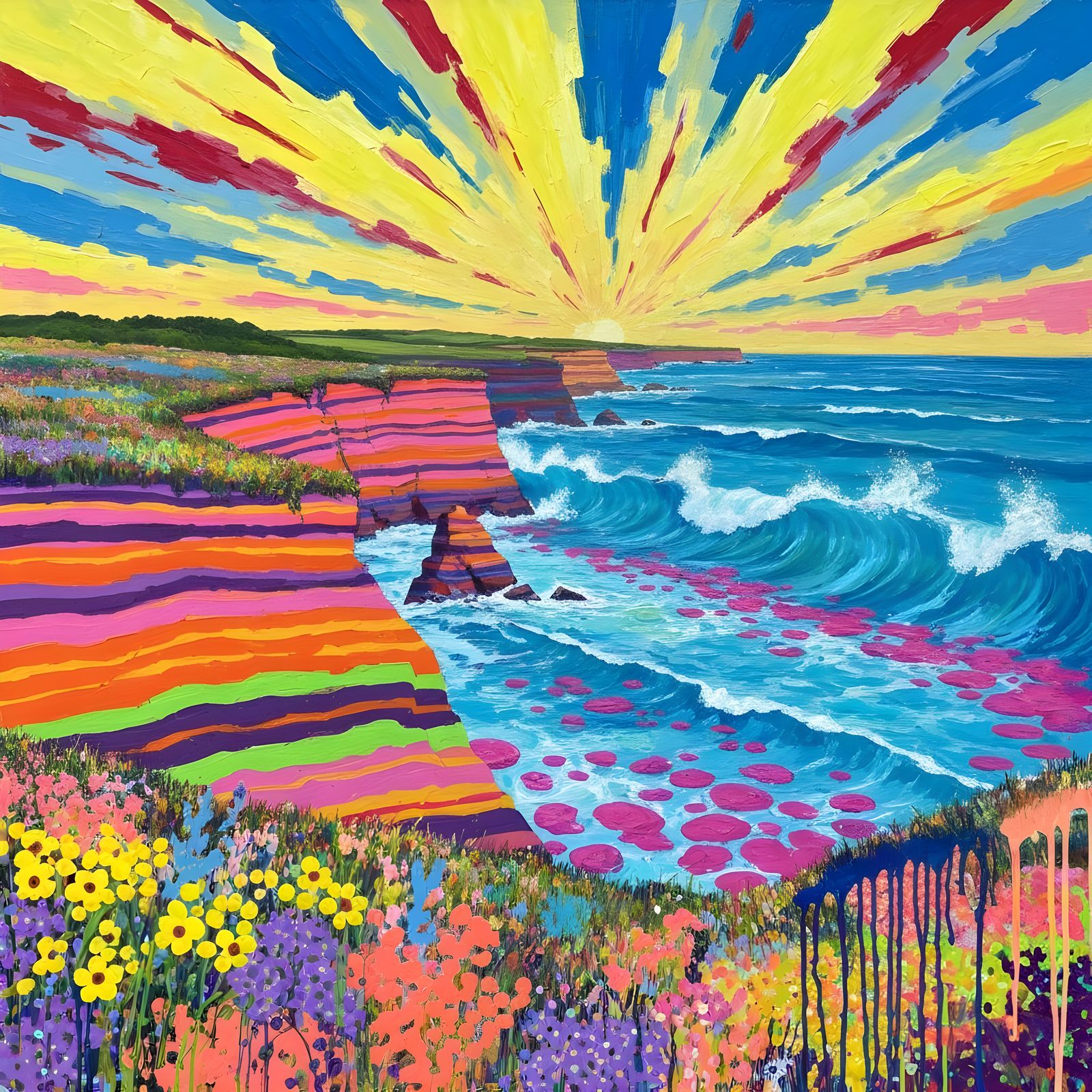 Fantastical Coastal Cliff Scene with Vibrant Sunrise