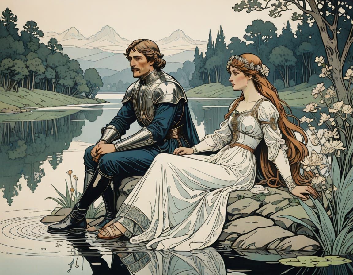 Art Nouveau Style Ink Drawing of Lancelot and the Lady of th...