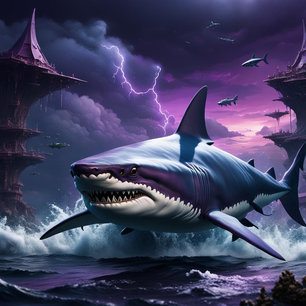 Megalodon Shark Rages Under Dark Purple Sky