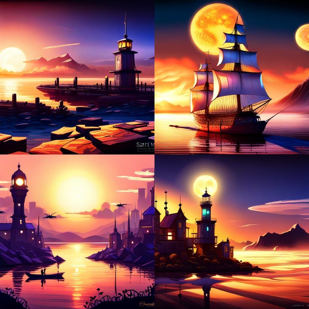 Sunset over the bay sparkly stars celebration Rafael Santi Killian Eng concept art poster art cel-shaded mixed media 8K ...