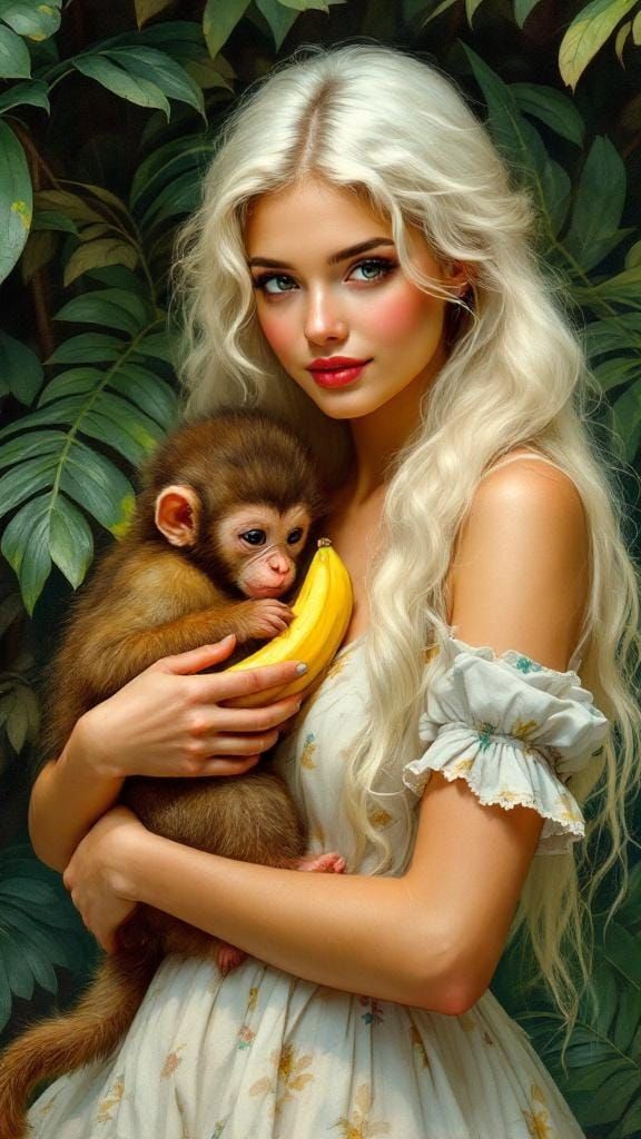 Woman with Long White Hair and Baby Monkey
