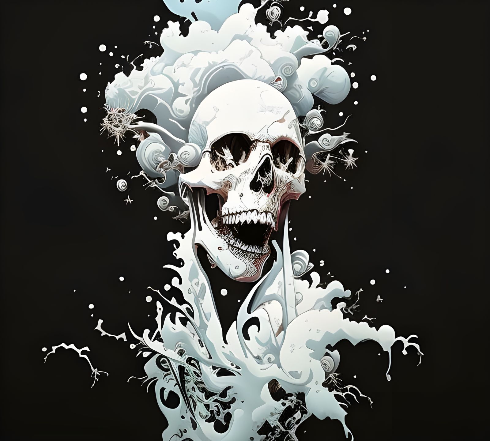 Skull Exploding in Paint: Hyperdetailed Gouache Illustration