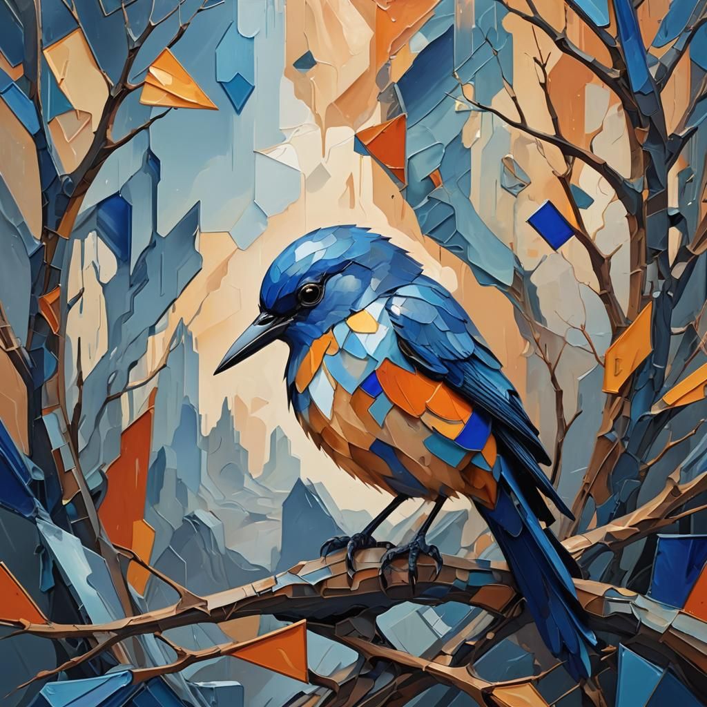 Surreal Blue Bird in Cubist Art Style
