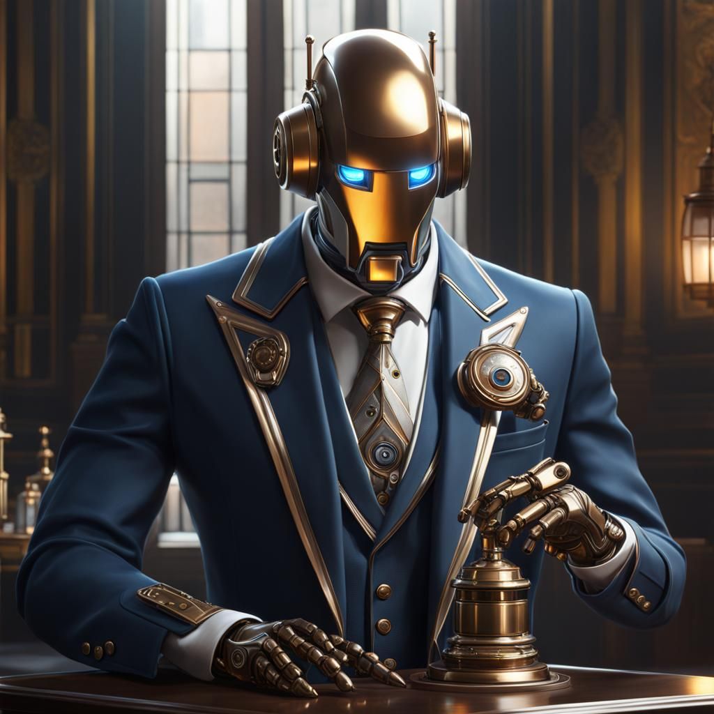 Bronze Robot Butler Polishing Silver in Cyberpunk Style