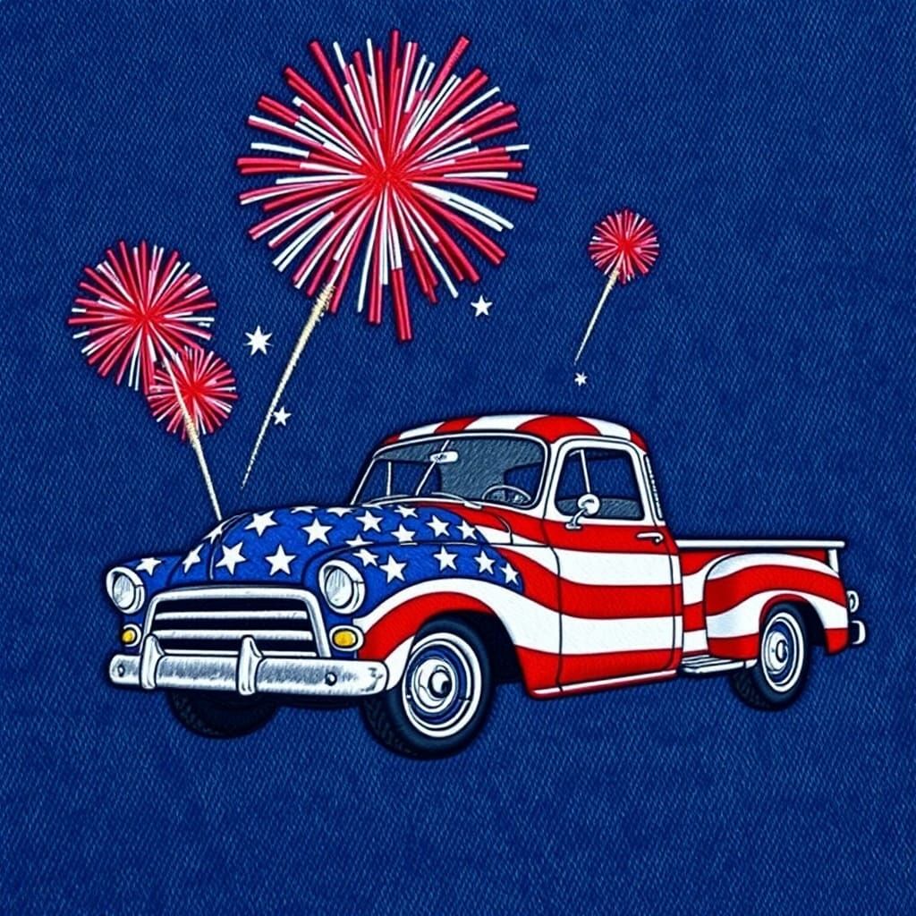 Vintage Chevy Truck with Fireworks in Embroidered Denim Styl...