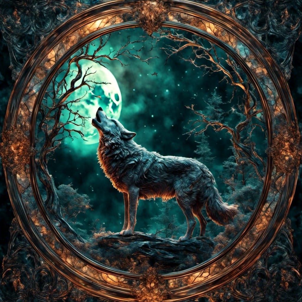 Stained Glass Wolf Howling at Moon