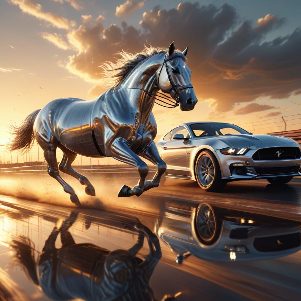 Silver Car and Horse Race: Hyper-Realistic Digital Art