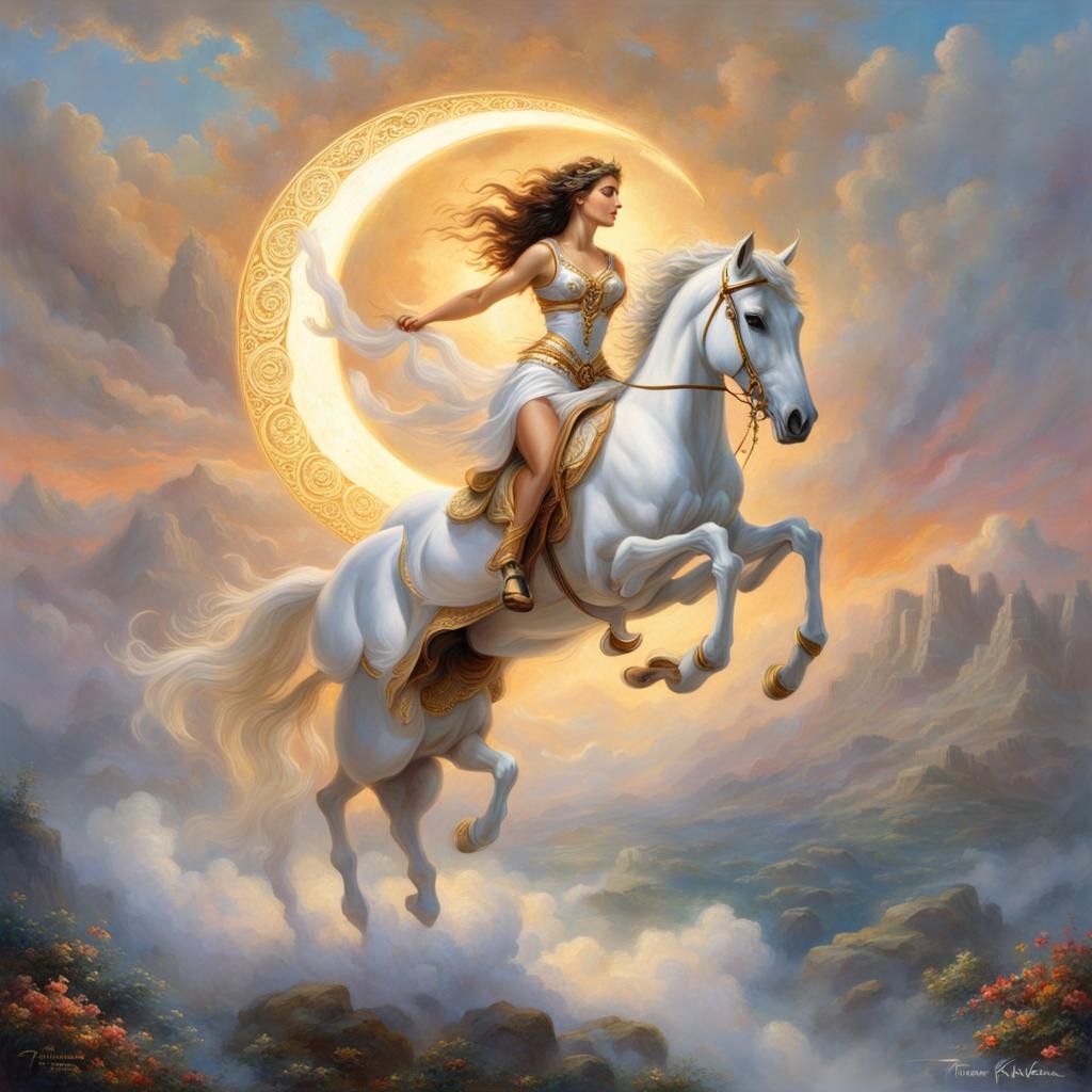 Greek Woman Riding Horse with Moon and Flame