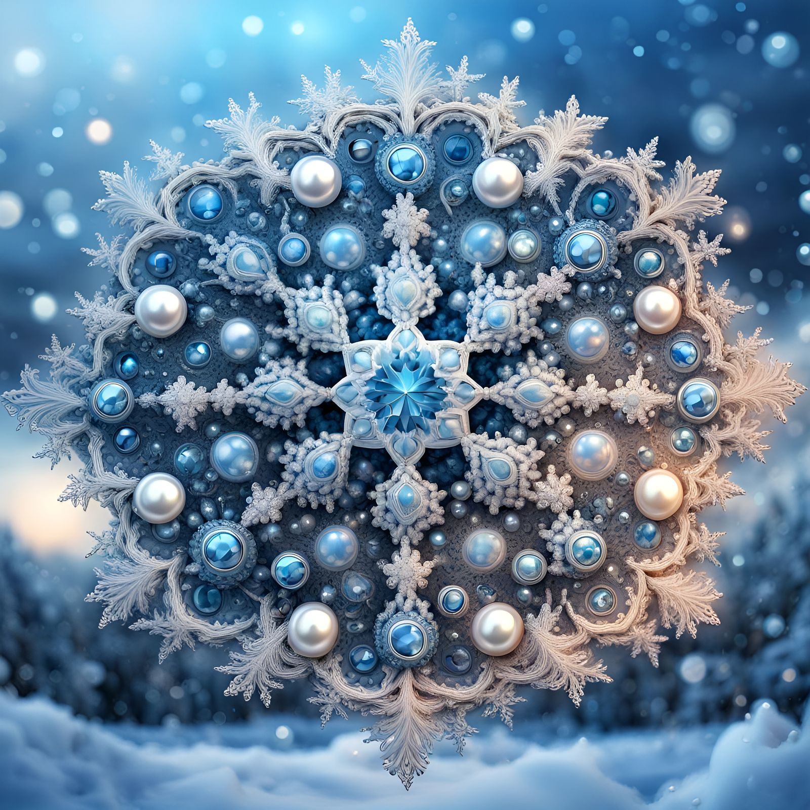 Blue Pearl Snowflake Mandala in 3D