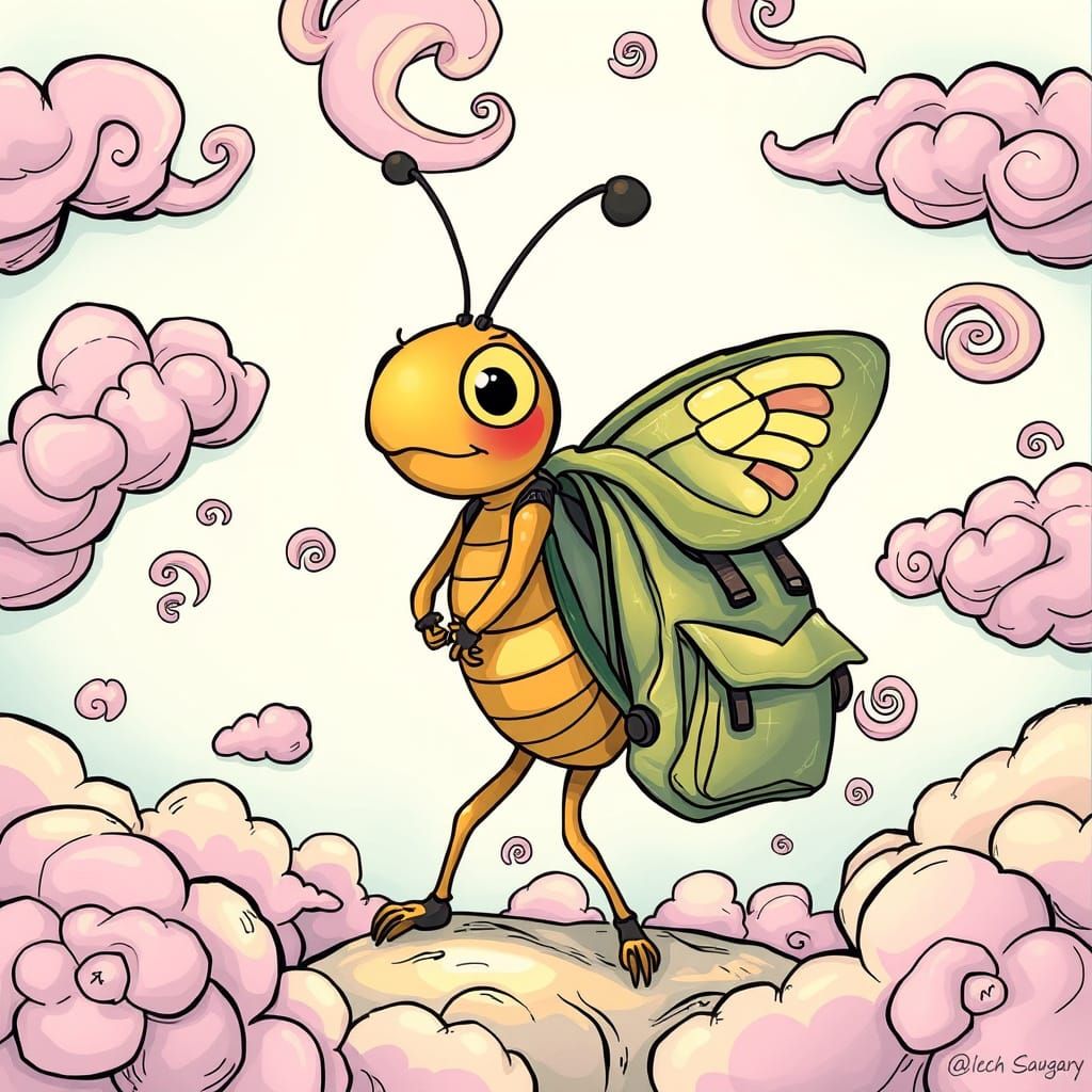 Bewildered Butterfly in Dreamlike Cartoon Landscape