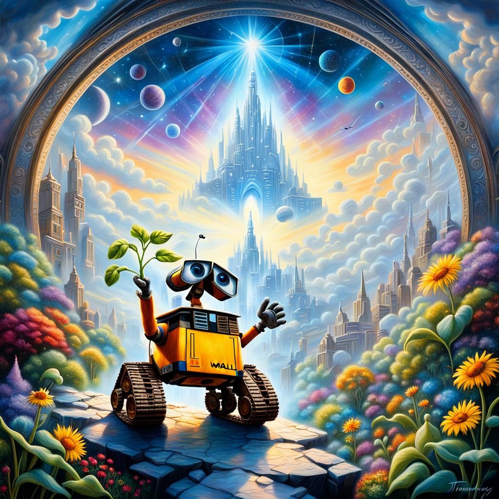 Wall-E Holding Plant: Astral Cosmic Illustration