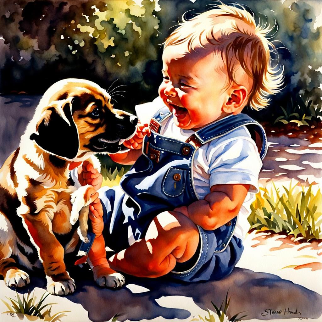 Baby and Puppy Watercolor Portrait in Sunlight