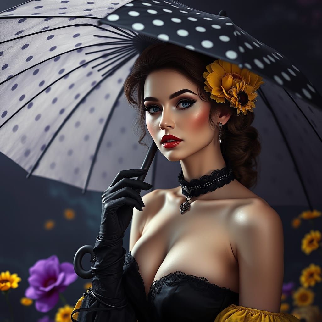 image a crisp, linear quality, portrait of a woman elegantly dressed in black, holding parasol with black and white polk...