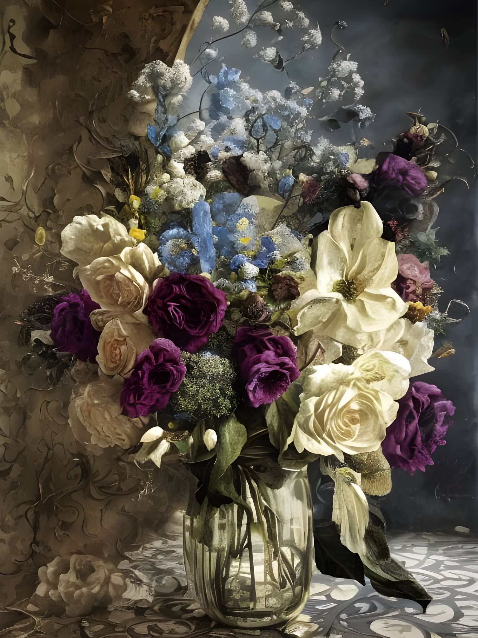 Large Floral Bouquet in Art Glass Vase