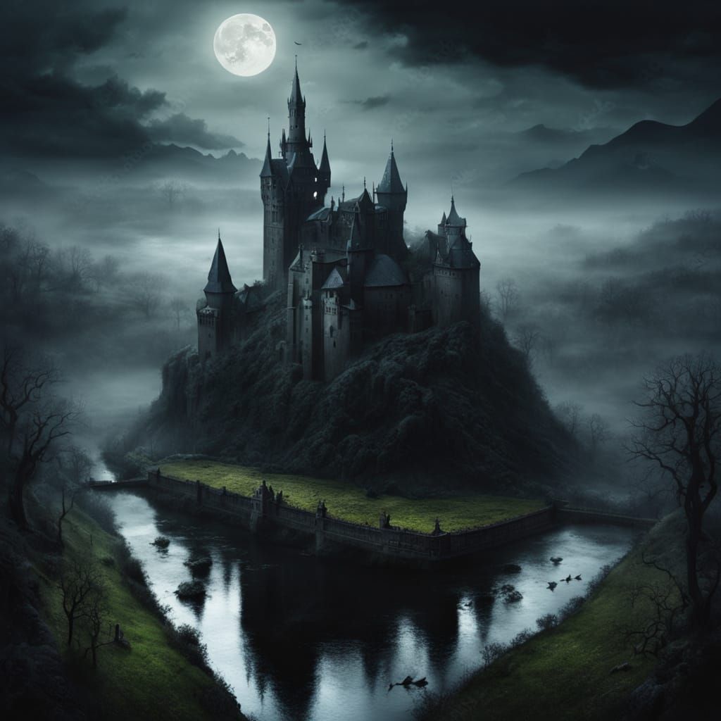 Eerie Gothic Landscape: Dracula's Castle Garden in Oil