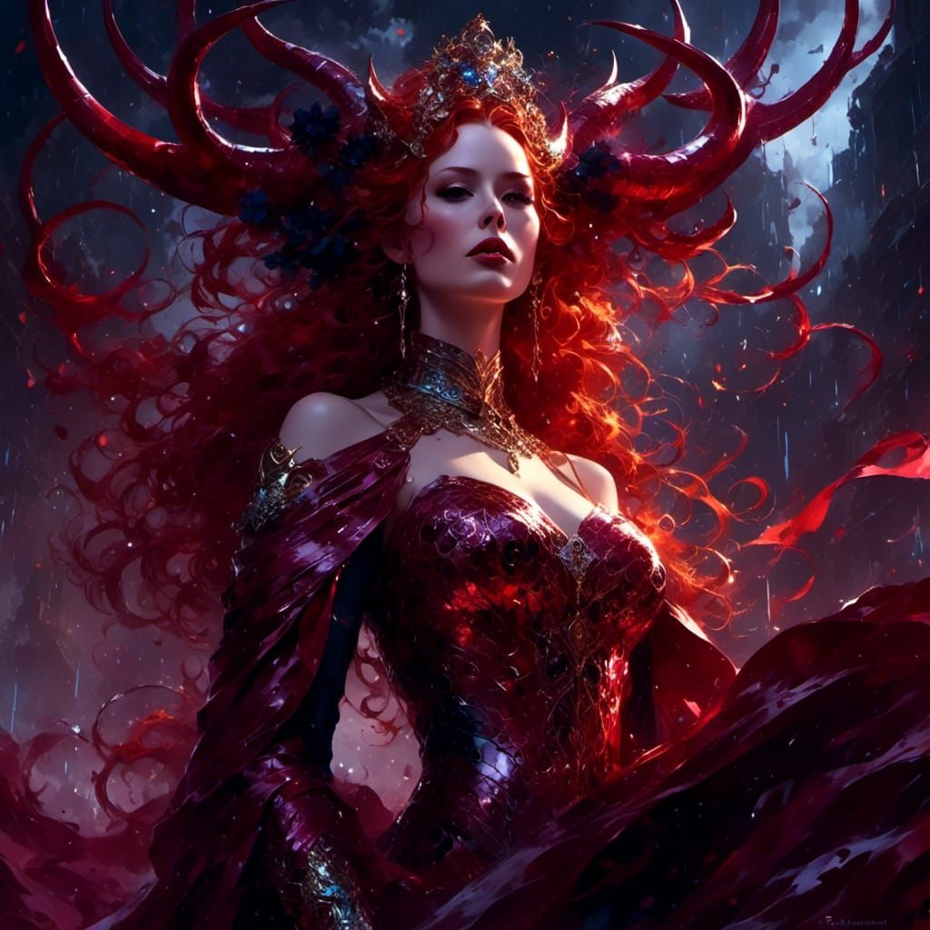 Red-Headed Horned Goddess in Rainy High Fantasy