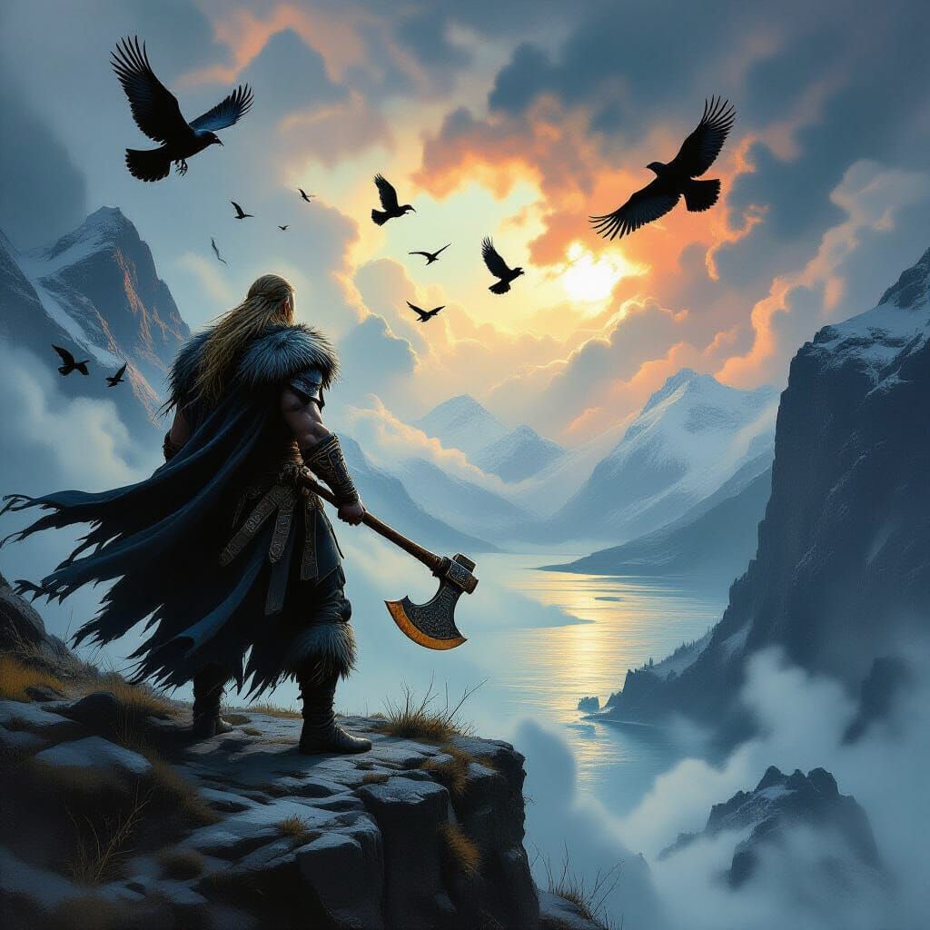 Viking Warrior on Cliff Overlooking Stormy Fjord