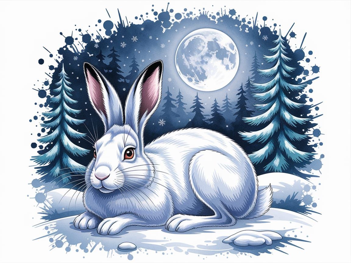 Snowshoe Hare in Moonlit Winter Forest: Watercolor Painting