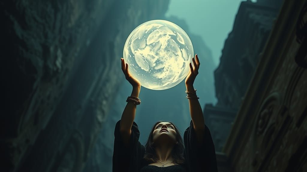 Sinister Sorceress Raises Magic Orb: Fantasy Movie Still